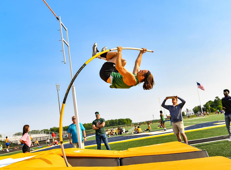 Yorktown's Kolton Nanko set a record in the pole vault (14 feet) in the Delta boys track and field sectional meet on Thursday, May 18, 2023.