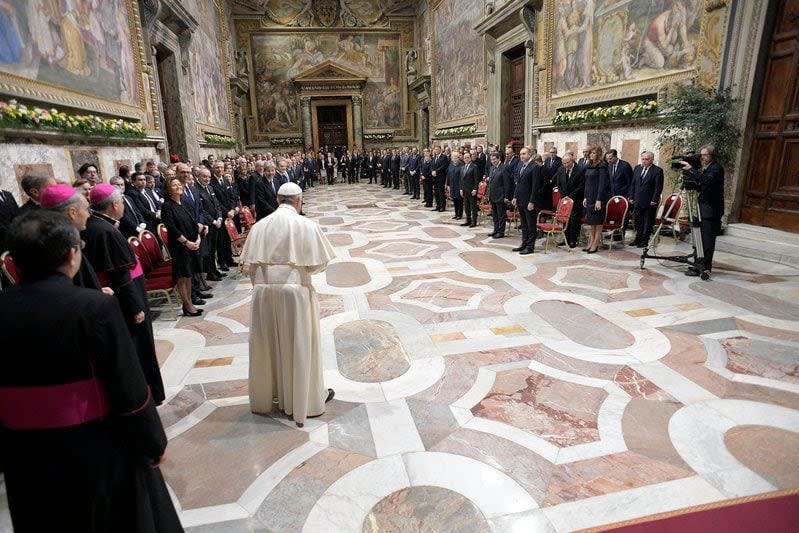 Pope Francis speaks during a meeting with EU leaders at the Vatican - Reuters