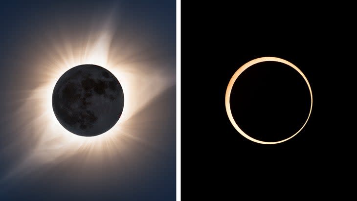 A total solar eclipse (left), with the sun's prominences visible; an annular eclipse, whose 