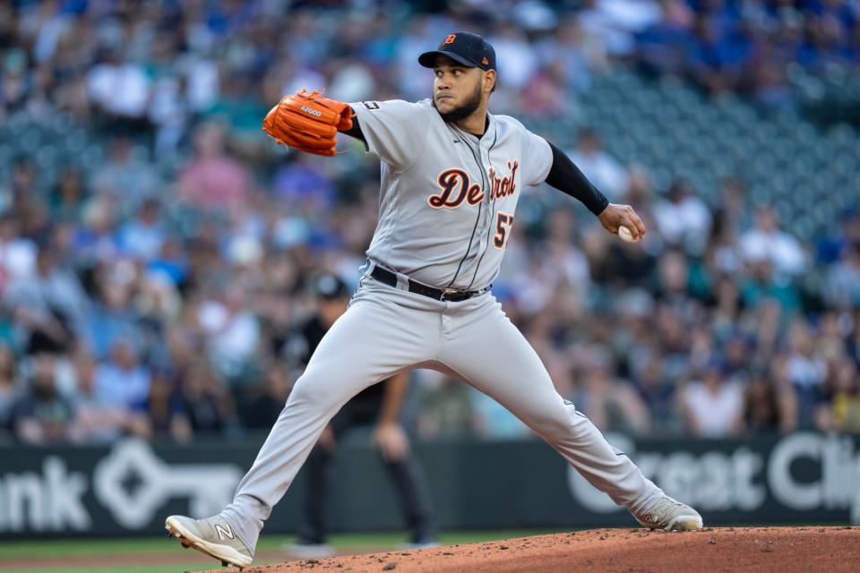 Detroit Tigers starter Eduardo Rodriguez (57) delivers a pitch during the first inning against the Seattle Mariners at T-Mobile Park in Seattle on Friday, July 14, 2023.