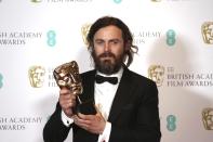 El actor Casey Affleck con su premio BAFTA al mejor actor por su papel en la película "Manchester By The Sea" en los premios de la Academia Británica de las Artes Cinematográficas y de la Televisión en Londres el domingo 12 de febrero de 2017. (Foto Joel Ryan/Invision/AP)