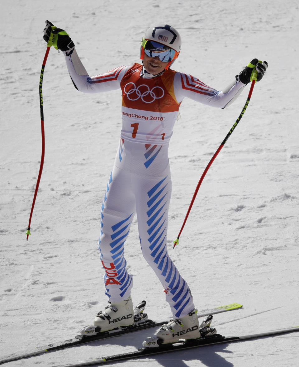 <p>United States’ Lindsey Vonn reacts after her finish in the women’s super-G at the 2018 Winter Olympics in Jeongseon, South Korea, Saturday, Feb. 17, 2018. (AP Photo/Charlie Riedel) </p>