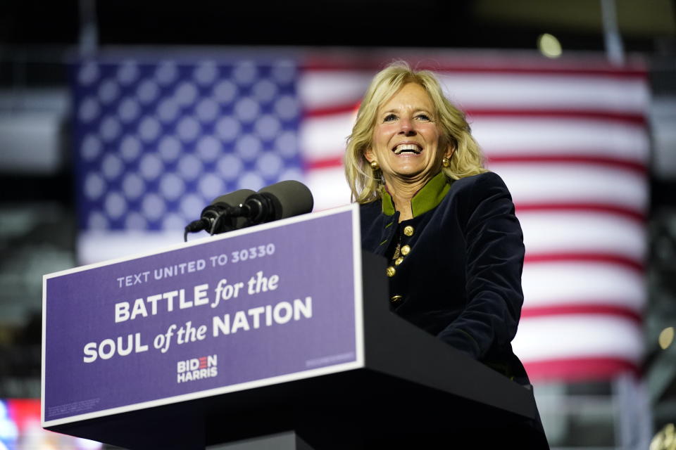 Jill Biden, wife of Democratic presidential candidate former Vice President Joe Biden, speaks during a drive-in rally at Heinz Field, Monday, Nov. 2, 2020, in Pittsburgh. (AP Photo/Andrew Harnik)