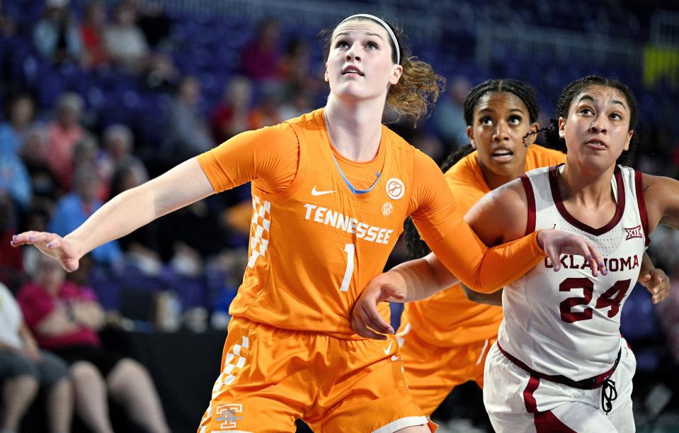 Lady Vols junior forward Sara Puckett looks to get a rebound during Tennessee's matchup with Oklahoma in the Fort Myers Tip-Off on Nov. 25, 2023.