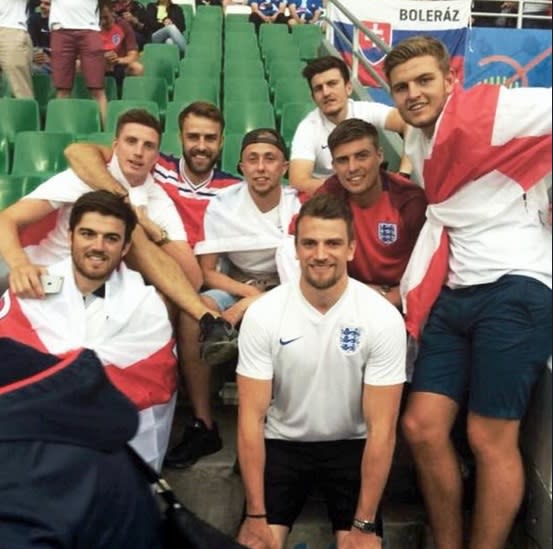 Harry Maguire (top right) with his friends at England v Slovakia during Euro 2016