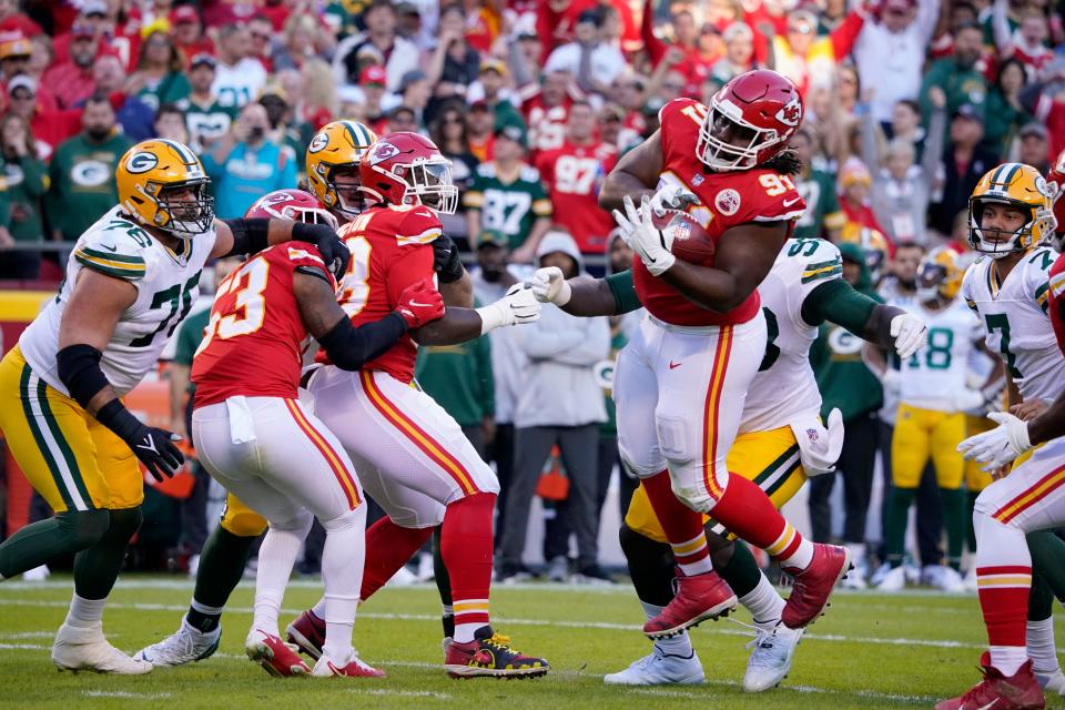 Kansas City Chiefs defensive tackle Derrick Nnadi (91) recovers a blocked field goal attempt by the Green Bay Packers during the first half of an NFL football game Sunday, Nov. 7, 2021, in Kansas City, Mo. (AP Photo/Ed Zurga)