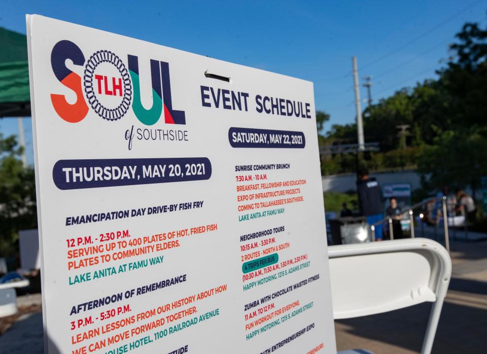 A list of events is posted around Anita Favors Park during the Inaugural Soul of Southside Festival on Saturday, May 22, 2021.