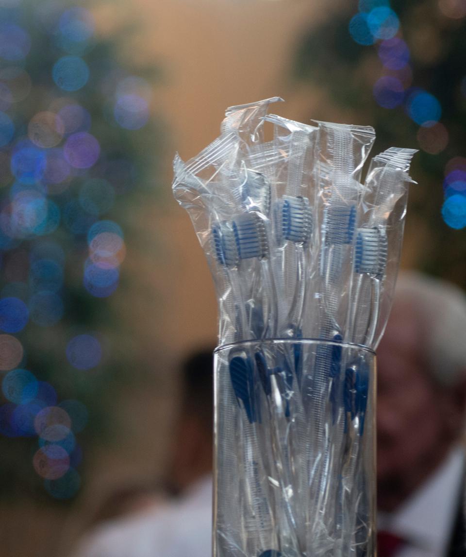 Toothbrushes were both centerpiece decorations and gifts for guests to take home during a celebration announcing the name for Northeast Ohio Medical University's new dental school, the Bitonte College of Dentistry.