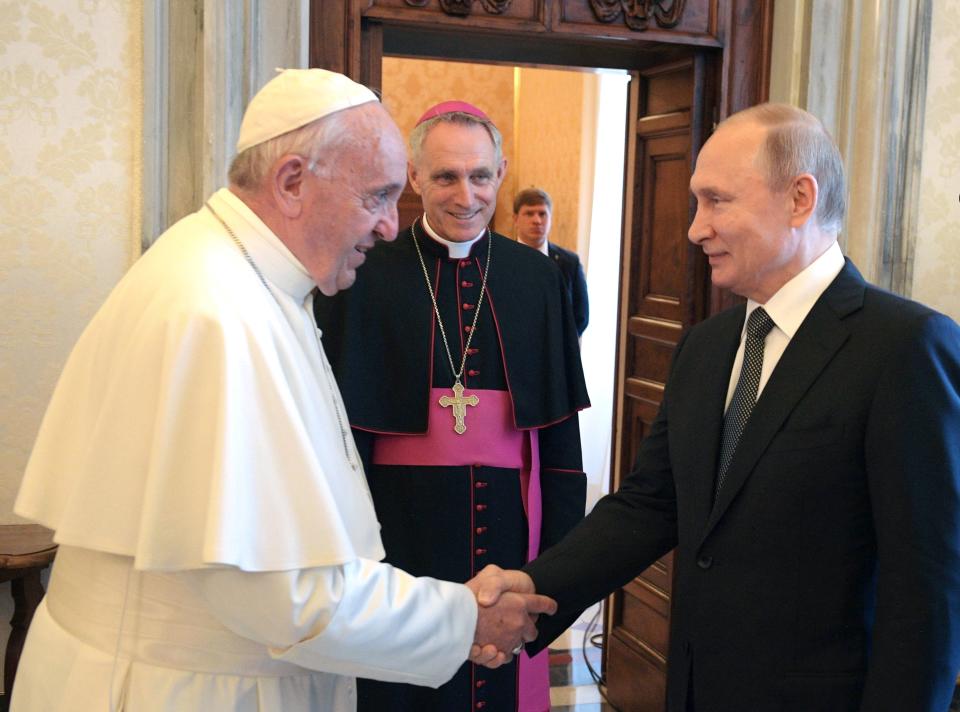 Pope Francis and Russian President Vladimir Putin shake hands on the occasion of their private audience at the Vatican, Thursday, July 4. 2019. (Alexei Druzhinin, Sputnik, Kremlin Pool Photo via AP)