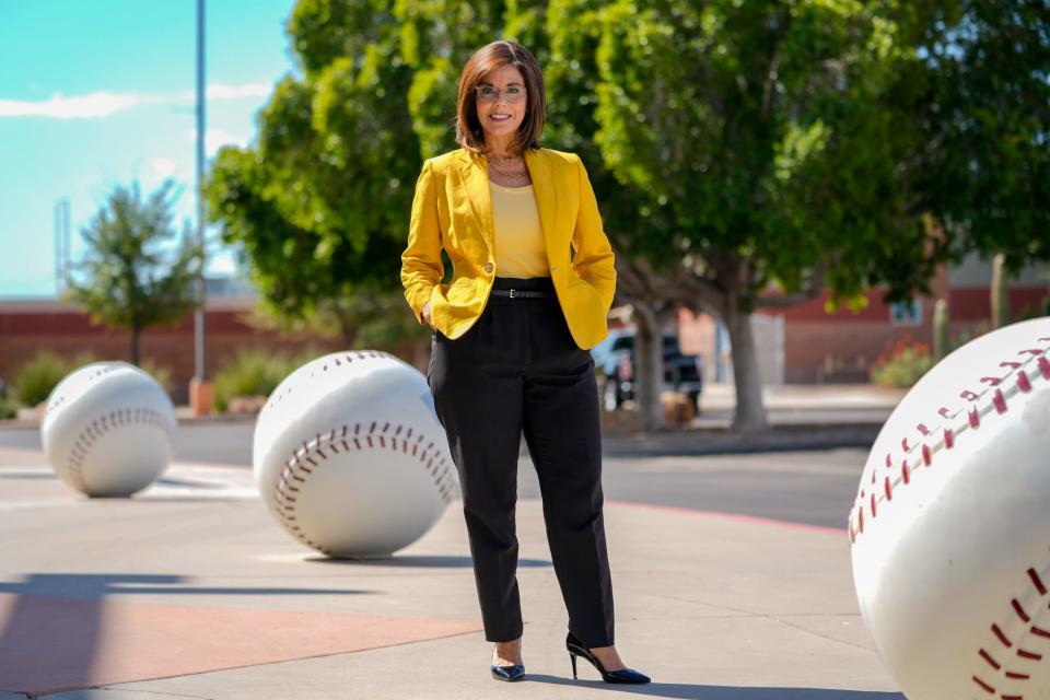 Peoria mayoral candidate Bridget Binsbacher poses for a photo at the Peoria Sports Complex on June 22, 2022. Binsbacher is executive director of the Cactus League.