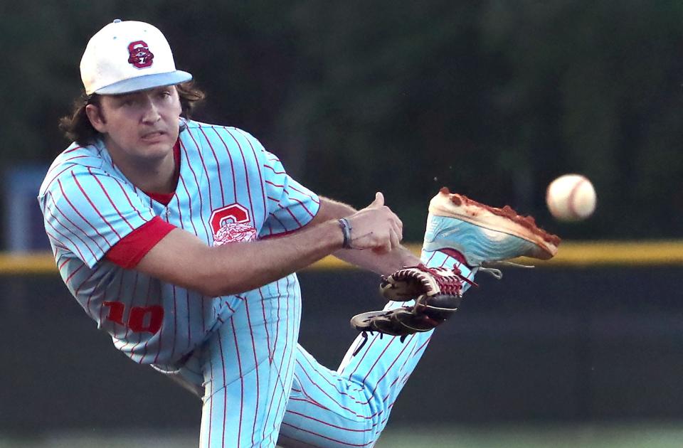 Seabreeze's Cade Gallman (10) whips a sidearm pitch to a Deltona batter during the District 5-5A semifinals, Tuesday, April 30, 2024, at the Ormond Beach Sports Complex.