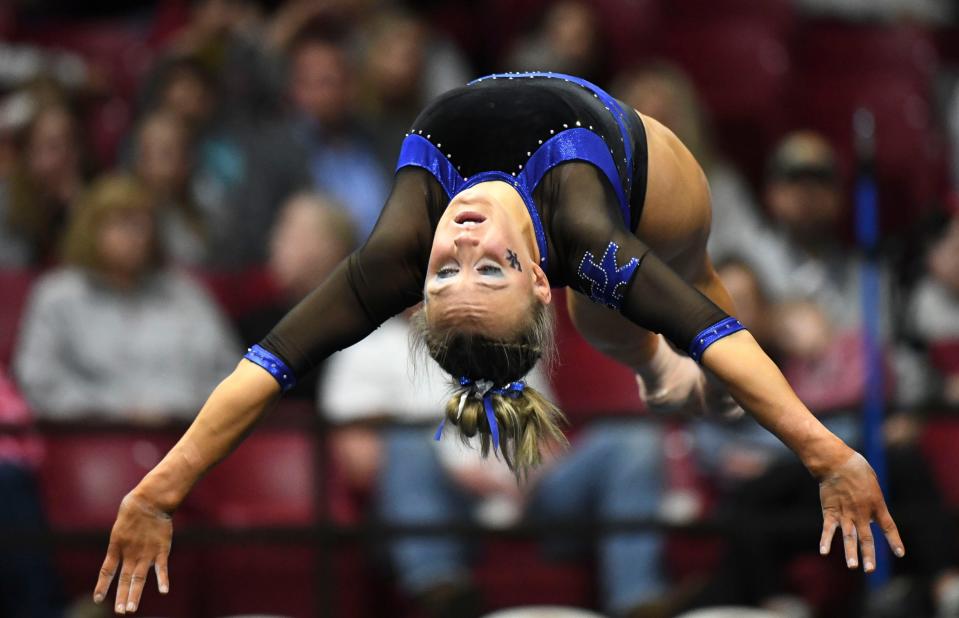 Feb.2, 2024; Tuscaloosa, Alabama, USA; Kentucky gymnast Raena Worley performs on the floor, a routine that earned her a perfect 10 during Alabama’s gymnastics meet with Kentucky Friday in Coleman Coliseum. Kentucky got their first win ever in Tuscaloosa 197.525 to 196.850.