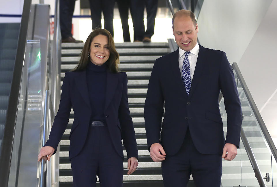 Britain's Prince William and Kate, Princess of Wales, arrive at Boston Logan International Airport, Wednesday, Nov. 30, 2022, in Boston. The Prince and Princess of Wales are making their first overseas trip since the death of Queen Elizabeth II in September.(John Tlumacki/The Boston Globe via AP, Pool)