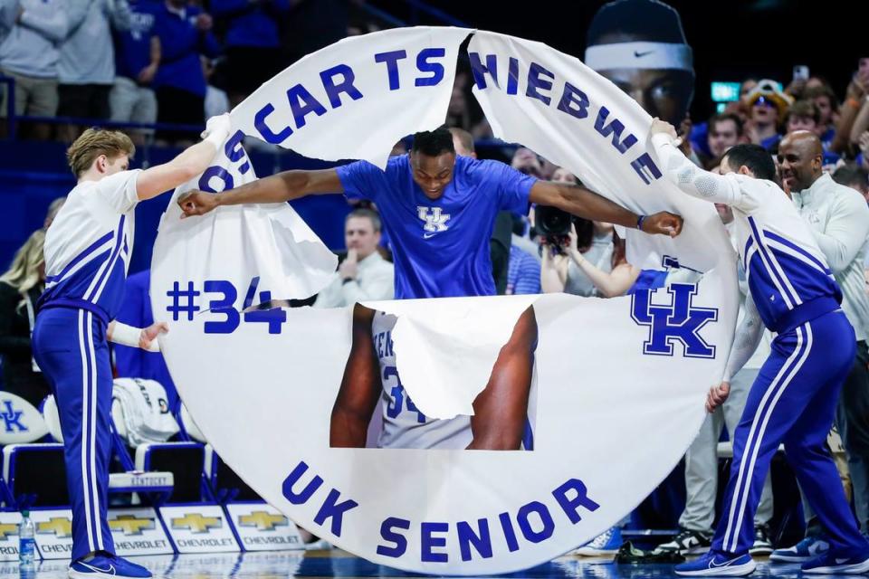 Kentucky star Oscar Tshiebwe breaks through the hoop on Senior Night in Rupp Arena on March 1. Tshiebwe had 21 points and 20 rebounds, but UK lost to Vanderbilt 68-66.