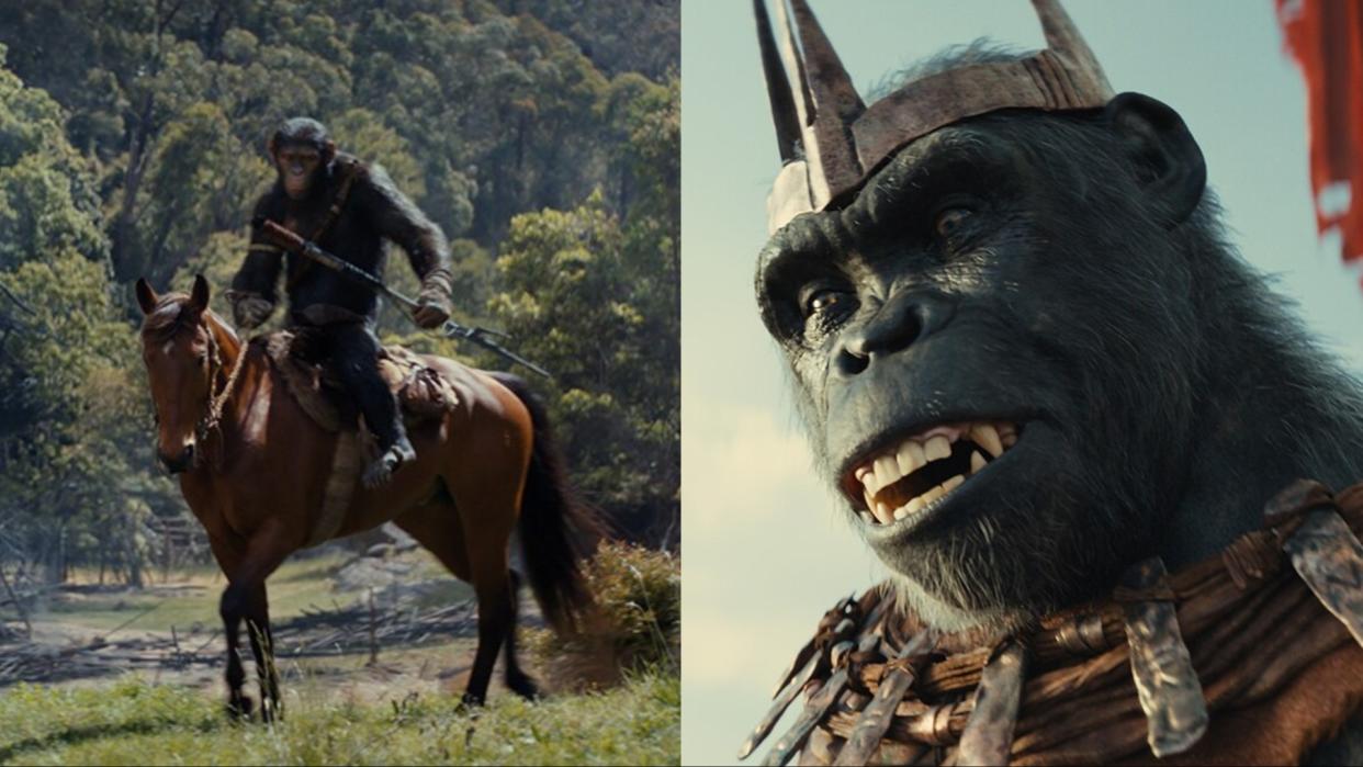  An image collage of Noa on horseback and a close up of Proximus Caesar in Kingdom of the Planet of the Apes. 
