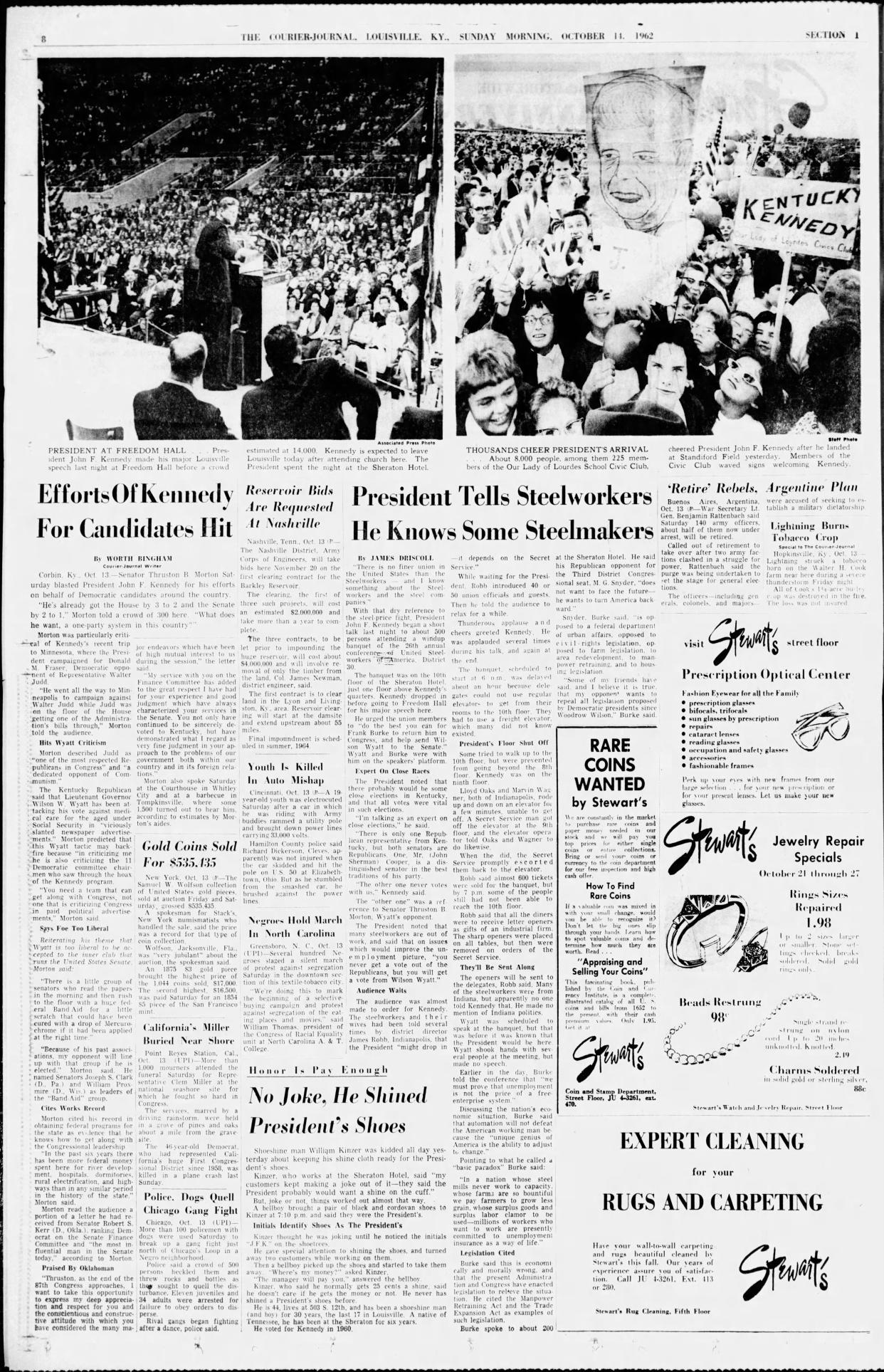 The Courier Journal on Sunday, Oct. 14, 1962, chronicled the arrival of President John F. Kennedy in Louisville.