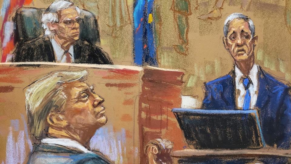 PHOTO: Former president Donald Trump listens and Judge Arthur Engoron presides during the Trump Organization civil fraud trial in New York State Supreme Court in New York City, Dec. 7, 2023, in this courtroom sketch.  (Jane Rosenberg/Reuters)