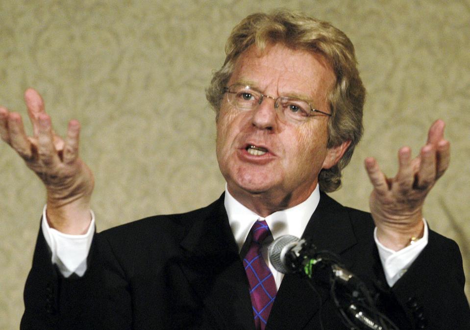 FILE - Talk show host Jerry Springer announces that he will not seek the Democratic nomination for the U.S. Senate seat held by Republican George Voinovich, during a news conference Wednesday, Aug. 6, 2003, in Columbus, Ohio. Springer, the former Cincinnati mayor and news anchor whose namesake TV show unleashed strippers, homewreckers and skinheads to brawl and spew obscenities on weekday afternoons, has died. He was 79. A family spokesperson died Thursday at home in suburban Chicago. (AP Photo/Terry Gilliam, File)