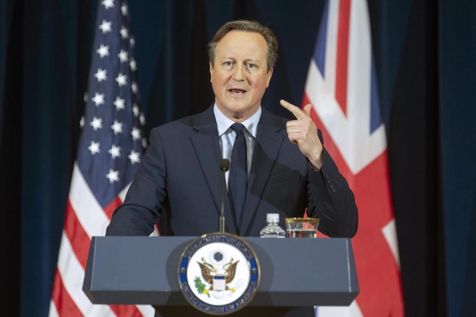 British Foreign Secretary David Cameron speaks during a meeting with Secretary of State Antony Blinken at the State Department on Tuesday, April 9, 2024 in Washington. (AP Photo/Kevin Wolf)