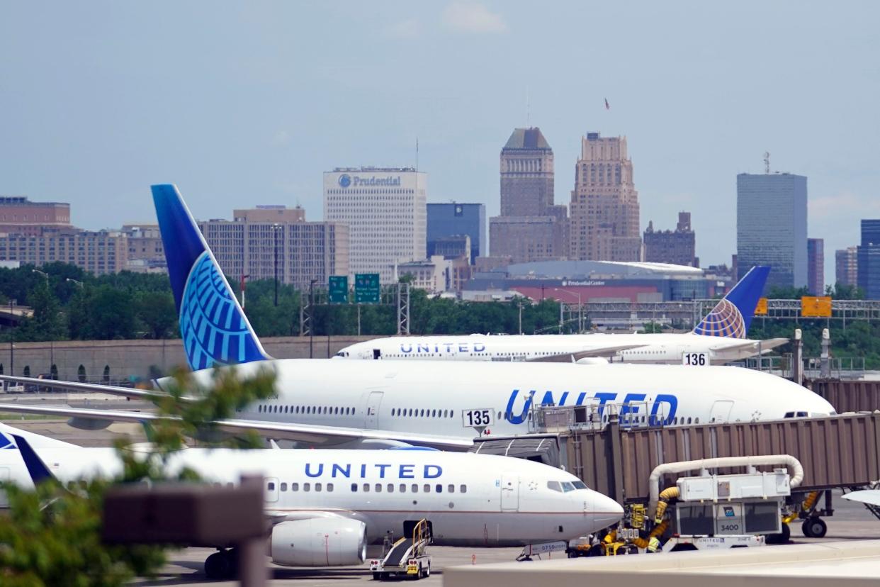 Multiple United Airlines planes pictured on July 3, 2023, at Newark Liberty International Airport in Newark, N.J.