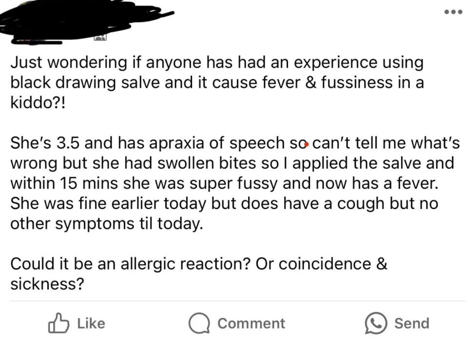 Facebook post asking for advice about a child experiencing fussiness and fever after using black drawing salve on swollen bites. Concerns raised about allergic reaction or illness