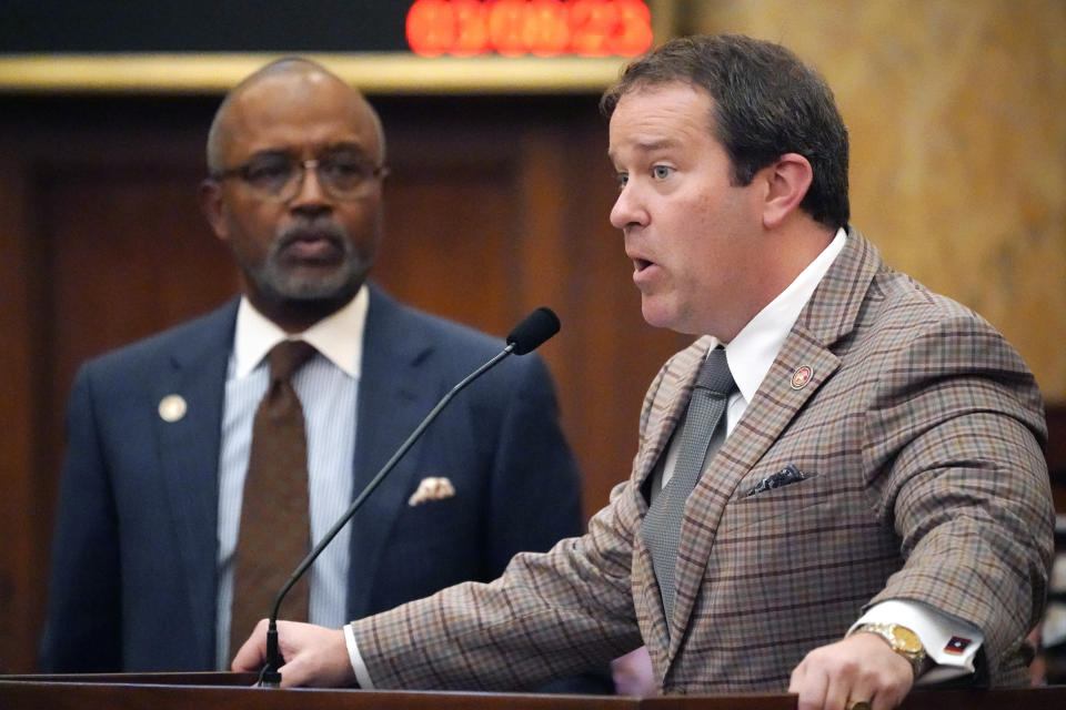 House Constitution Committee Chairman Fred Shanks, R-Brandon, right, speaks against an amendment offered by Rep. Robert Johnson, D-Natchez, for a proposed ballot initiative legislation, during floor debate, Wednesday, March 8, 2023, at the Mississippi Capitol in Jackson. (AP Photo/Rogelio V. Solis)