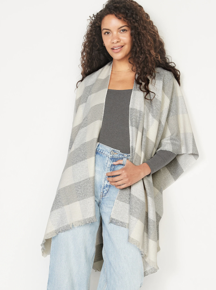 Flannel Poncho Scarf in grey plaid (Photo via Old Navy)