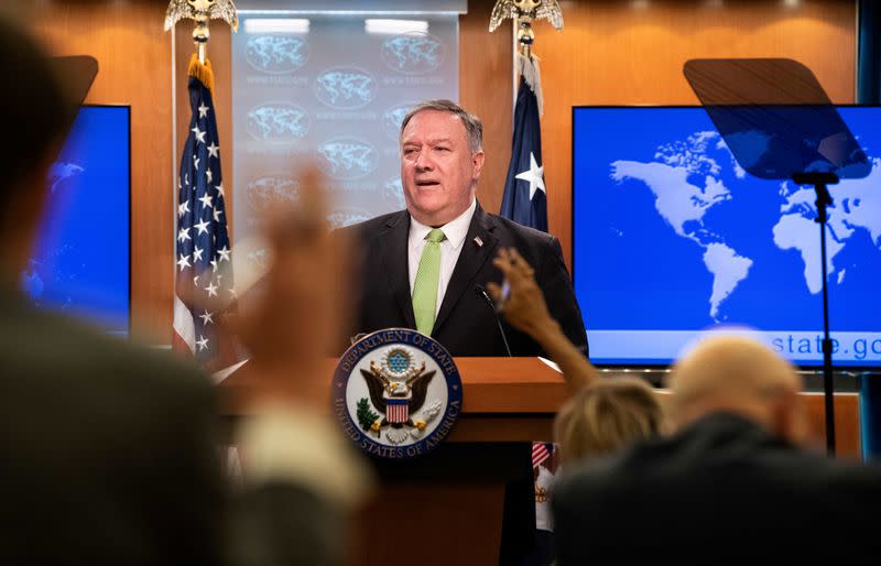 U.S. Secretary of State Mike Pompeo speaks to the media at the State Department in Washington