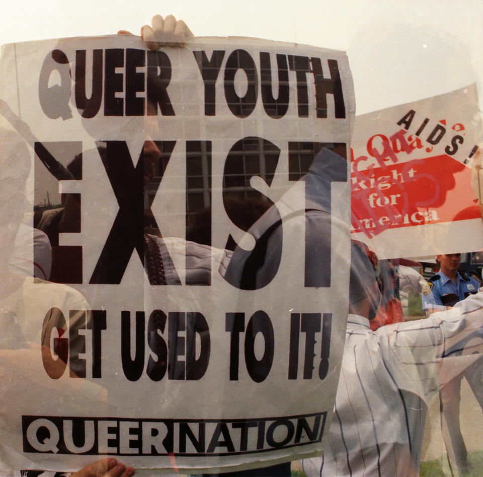 Jerry Falwell riling folks up with homophobic rhetoric was nothing new, as evidenced by this photo of gay protestors at the 1992 Republican National Convention, outside of Falwell luncheon, in Houston, Tex. (Photo: Getty Images)