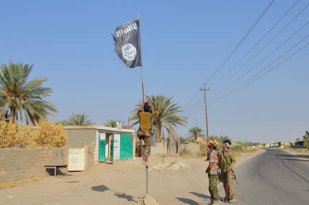 Iraqi army soldiers take down an Islamic State flag in the town of Hit in Anbar province, Iraq October 10, 2016. REUTERS/Stringer