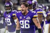 FILE PHOTO - Sep 18, 2016; Minneapolis, MN, USA; Minnesota Vikings defensive end Brian Robison (96) celebrates his forced fumble during the fourth quarter against the Green Bay Packers at U.S. Bank Stadium. The Vikings defeated the Packers 17-14. Mandatory Credit: Brace Hemmelgarn-USA TODAY Sports