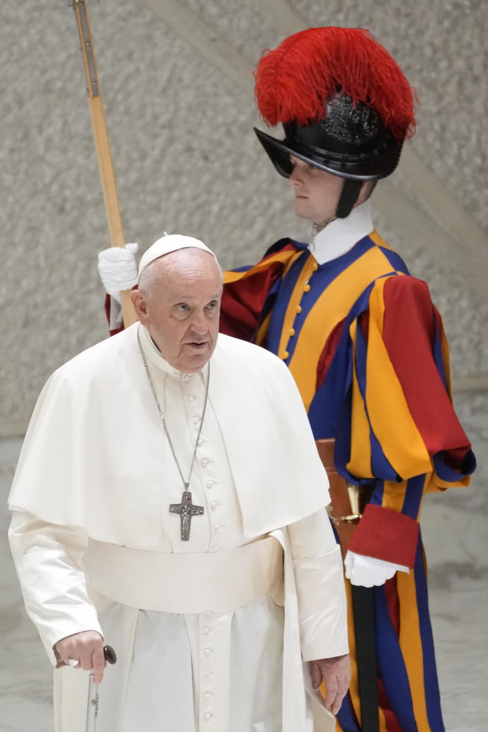 Pope Francis arrives for his weekly general audience in the Pope Paul VI hall at the Vatican, Wednesday, Aug. 30, 2023. (AP Photo/Andrew Medichini)