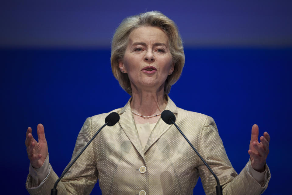 European Commission President Ursula von der Leyen addresses the EPP Congress in Bucharest, Romania, Thursday, March 7, 2024. The 2024 EPP Congress takes place in the Romanian capital, with Germany's Ursula von der Leyen seeking a second term as head of the European Union's powerful Commission in a move that could make her the most significant politician representing the bloc's 450 million citizens in over a generation. (AP Photo/Vadim Ghirda)