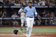 Tampa Bay Rays' Kevin Kiermaier reacts after striking out during the sixth inning of the team's baseball game against the New York Yankees on Friday, May 27, 2022, in St. Petersburg, Fla. (AP Photo/Scott Audette)