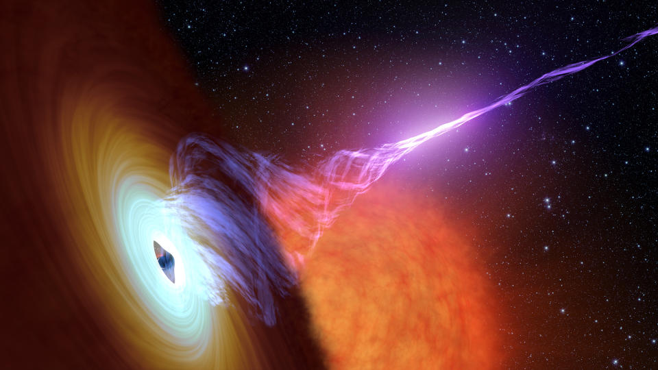     A jet of purple glass is shot out of a spinning black hole in space. 