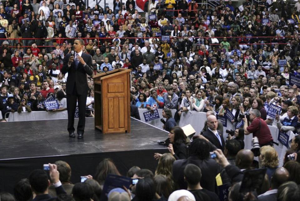 Barack Obama campaigns at a rally at Ohio State University in Columbus, Ohio, in 2008.