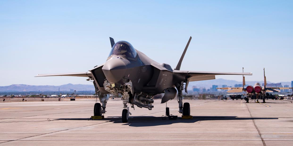 An F-35A Lighting II carrying a B61-12 Joint Test Assembly sits on the flight line at Nellis Air Force Base, Nevada, Sept. 21, 2021