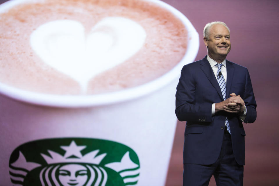 Starbucks President and Chief Executive Officer Kevin Johnson is pictured at the Annual Meeting of Shareholders in Seattle, Washington on March 20, 2019. (Photo by Jason Redmond / AFP)        (Photo credit should read JASON REDMOND/AFP via Getty Images)