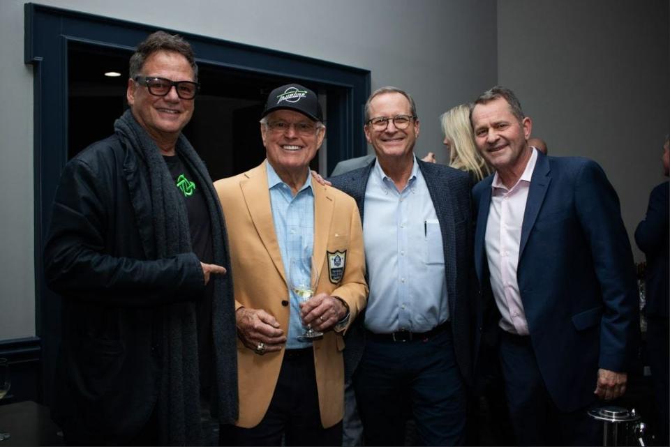 (Left-to-Right): Michael Grozier, owner of Trueline Brands; Dick Vermeil, NFL Hall of Fame Coach; Lee Sowell; David Atchley at City Club of Greenville on Dec. 6 2023.