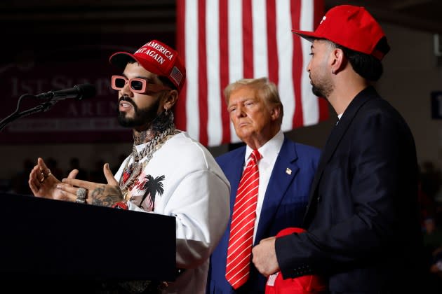 Puerto Rican rapper Anuel AA, left, joins Donald Trump during a campaign rally on Aug. 30, 2024 in Johnstown, Pennsylvania.  - Credit: Chip Somodevilla/Getty Images