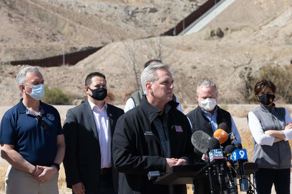 Then-House GOP Leader Kevin McCarthy addresses the press during the congressional border delegation visit to El Paso, Texas on March 15, 2021. (Photo by Justin Hamel / AFP)