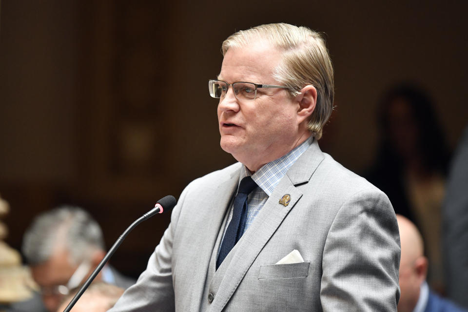 Senate Majority Leader Damon Thayer, addresses the Senate during their session at the Kentucky State Capitol in Frankfort, Ky., Wednesday, March 29, 2023. (AP Photo/Timothy D. Easley)