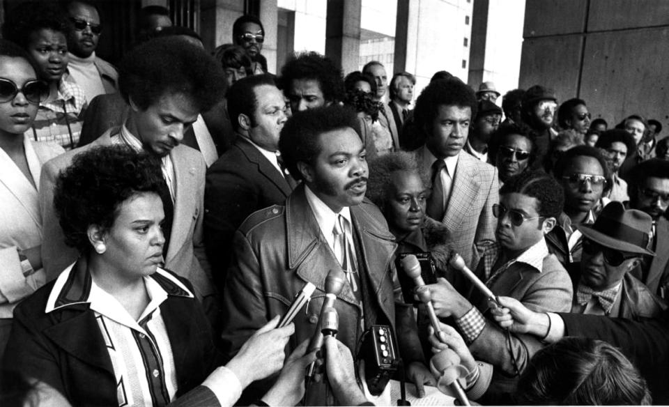 Massachusetts State Senator William Owens (center) addresses a press conference in City Hall Plaza in Boston on April 6, 1976, the day after the assault on Ted Landsmark. (Photo by Ted Dully/The Boston Globe via Getty Images)