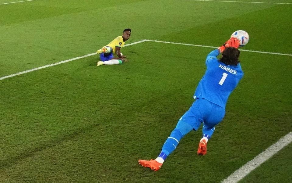 Switzerland's Yann Sommer saves a shot from Brazil's Vinicius Junior - Reuters