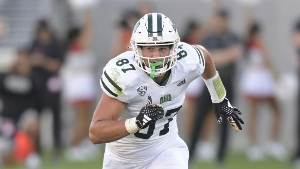 Ohio tight end Will Kacmarek (87) seen playing the San Diego State Aztecs during an NCAA football game on Saturday, Aug. 26, 2023, in San Diego. (AP Photo/John McCoy)