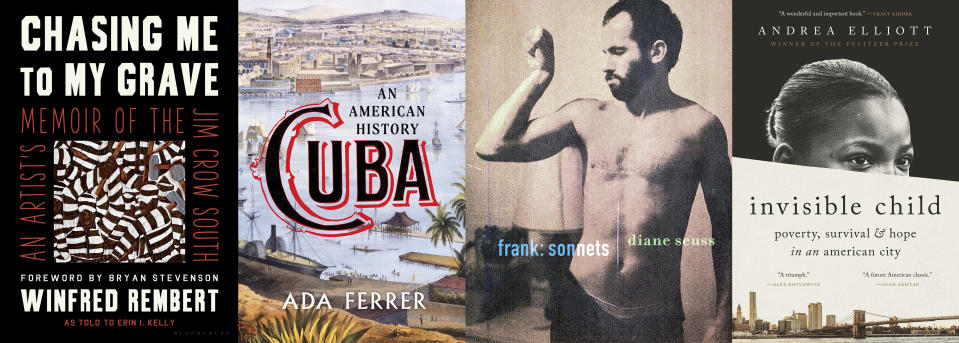 En esta combinación de fotografías "Chasing Me to My Grave: An Artist's Memoir of the Jim Crow South" por Winfred Rembert, ganador del Premio Pulitzer de Biografía, de izquierda a derecha, "Cuba: An American History" de Ada Ferrer, ganador del Pulitzer de Historia, "Frank: Sonnets" de Diane Seuss, ganador del Pulitzer de Poesía e "Invisible Child: Poverty, Survival & Hope in an American City" de Andrea Elliott, ganador del Pulitzer de Non Ficción. (Bloomsbury/Scribner/Graywolf/Random House via AP)