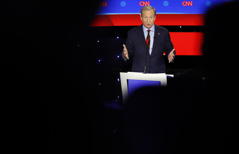 FILE - In this Tuesday, Jan. 14, 2020 file photo, Democratic presidential candidate businessman Tom Steyer speaks during a Democratic presidential primary debate hosted by CNN and the Des Moines Register in Des Moines, Iowa. On Friday, Jan. 17, 2020, The Associated Press reported on a manipulated video circulating online incorrectly portraying Steyer criticizing Democrats during the Iowa presidential debate saying they would "destroy the economy in 15 minutes if they get in control.” The footage was edited to make it appear Steyer made a derogatory comment about Democrats and the economy. (AP Photo/Patrick Semansky)