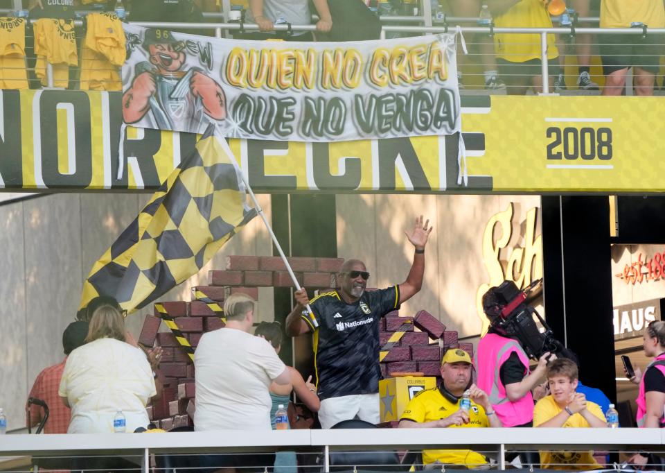 Jun 22, 2024; Columbus, OH, USA; Former Ohio State Athletic Director Gene Smith helps kickoff the Columbus Crew against Sporting KC MLS game at Lower.com Field.