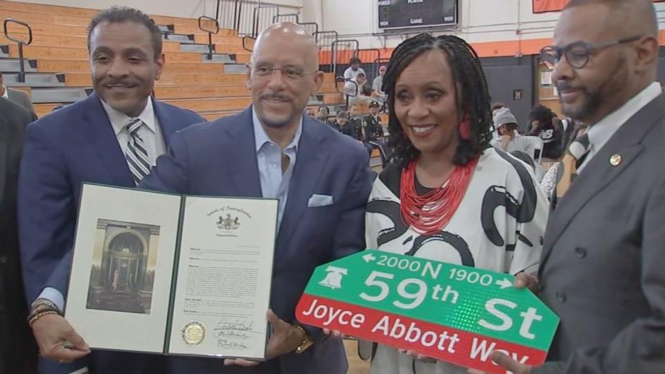 PHOTO: Joyce Abbott poses for a photo during a ceremony in her honor held at Overbrook High School, Sept. 26, 2023, in Philadelphia. (WPVI)