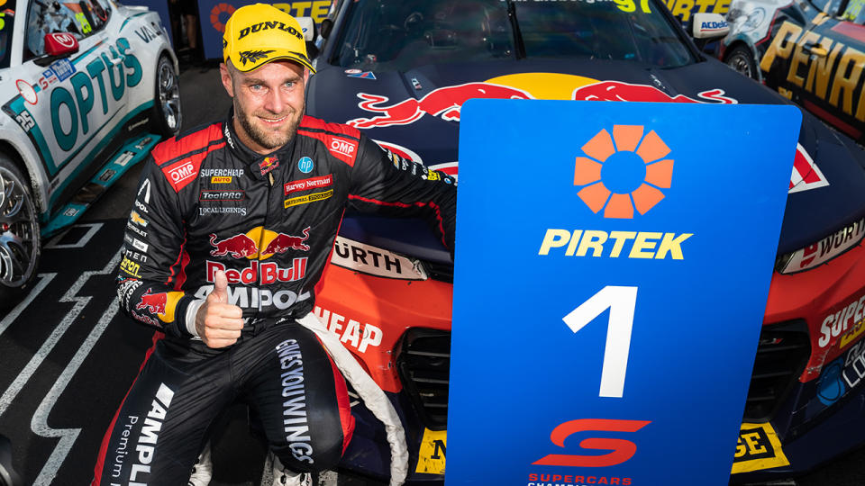 Shane van Gisbergen poses after winning race two of the Newcastle 500.